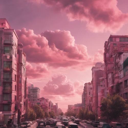 Ein Panoramablick auf eine geschäftige Stadt unter flauschigen rosa Wolken im Morgengrauen.