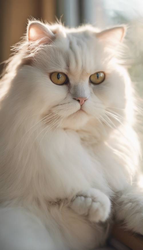 Pemandangan tenang seekor kucing Persia cantik, dengan bulu putih lembut, dengan malas berjemur di bawah sinar matahari pagi yang masuk melalui jendela di dekatnya.