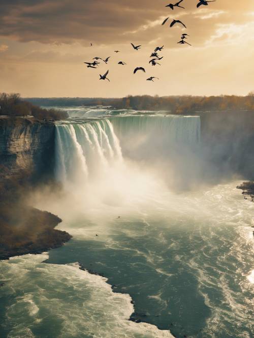 A group of birds flying over Niagara Falls during sunset