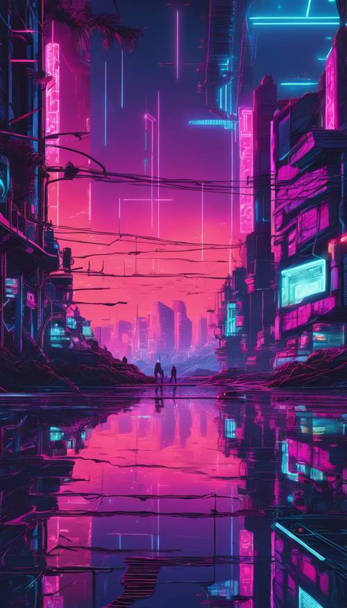 A cybernetic landscape at dusk with neon lights reflecting in a digital river. Wallpaper [44ce874105ec4ad98e4b]