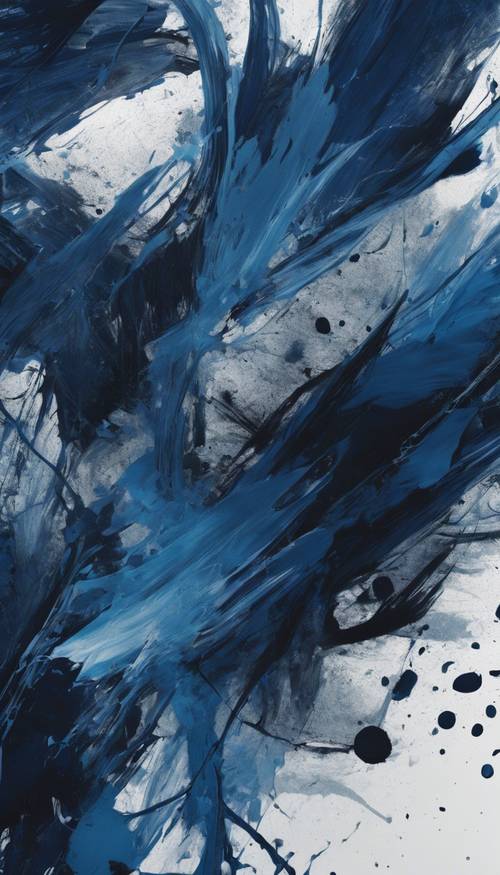 Arte expressionista abstrata com tons de azul escuro e pinceladas caóticas