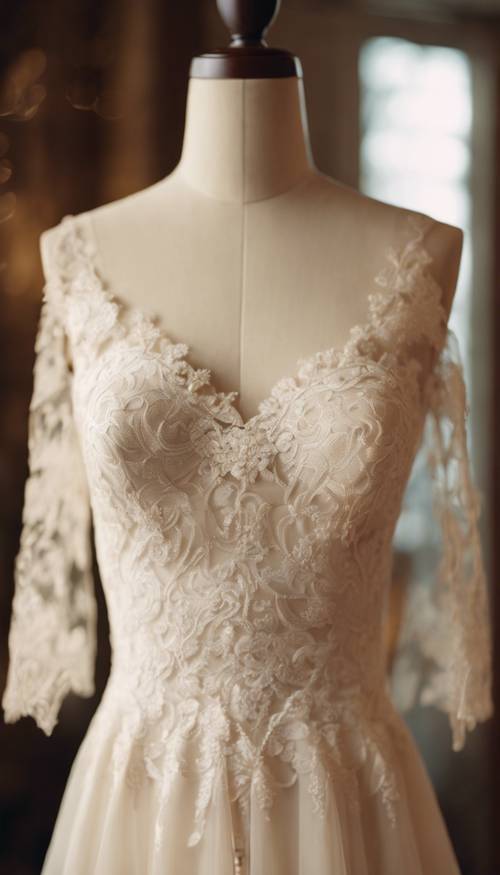 Gaun pengantin elegan berwarna krem ​​​​dengan lapisan renda, ditampilkan pada manekin vintage yang apik di butik pengantin yang terang benderang.