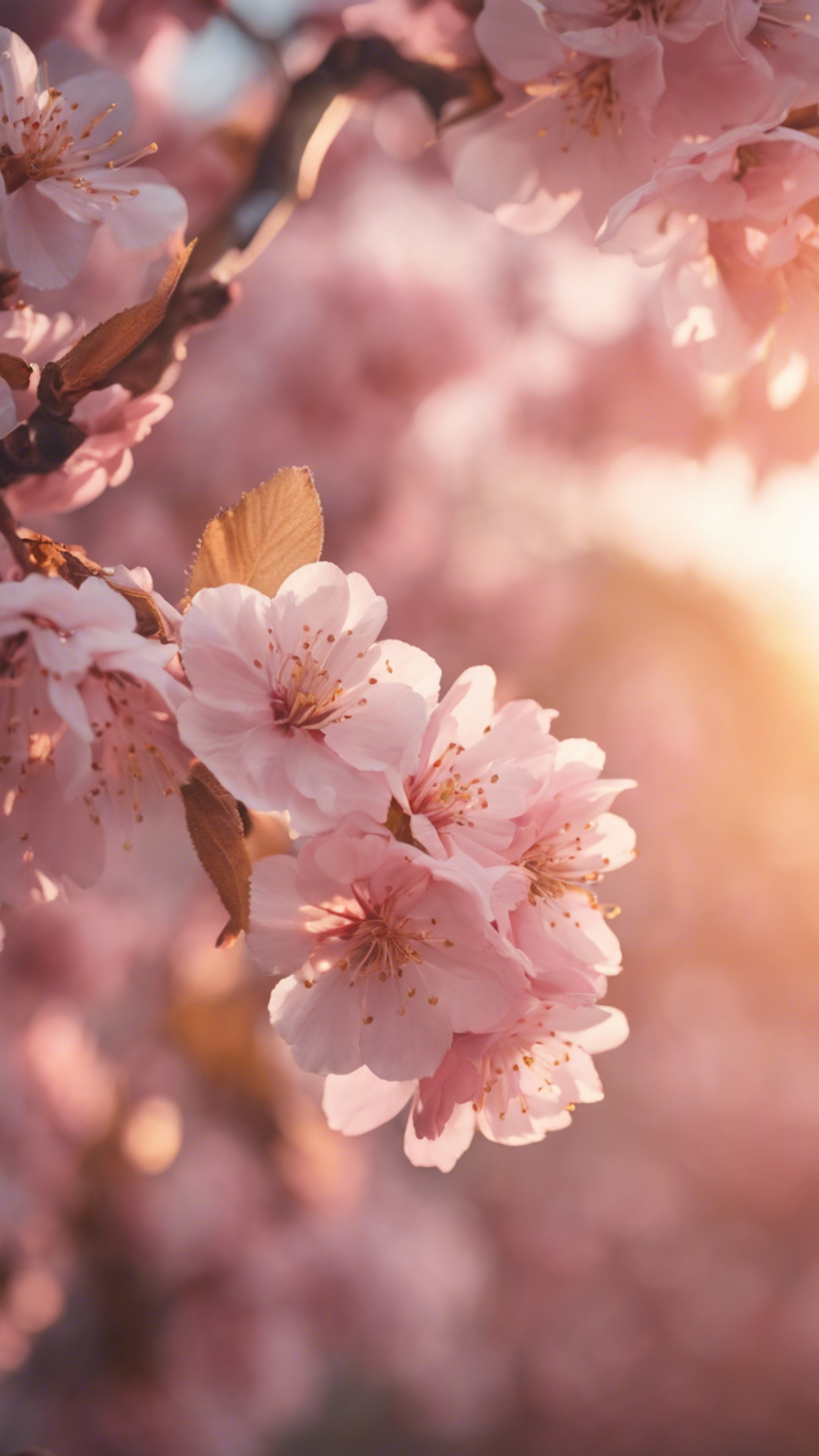 A delicate pink cherry blossom tree with gold leaves against a soft sunset. Tapet[63878b5c392143fbba4e]
