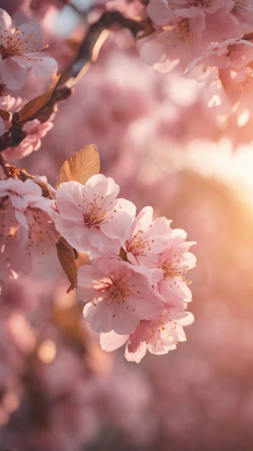 A delicate pink cherry blossom tree with gold leaves against a soft sunset.