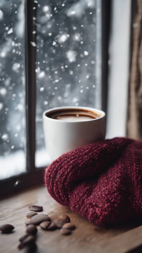 窓際で雪景色を眺めながら、赤いニットのカップコージーに包まれたコーヒーカップ