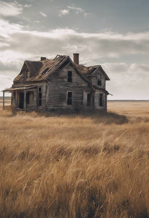 An old, abandoned farmhouse sitting in solitude on a vast prairie, a testimony to times gone by. Tapeta [c3647c01ef244c2cbf74]