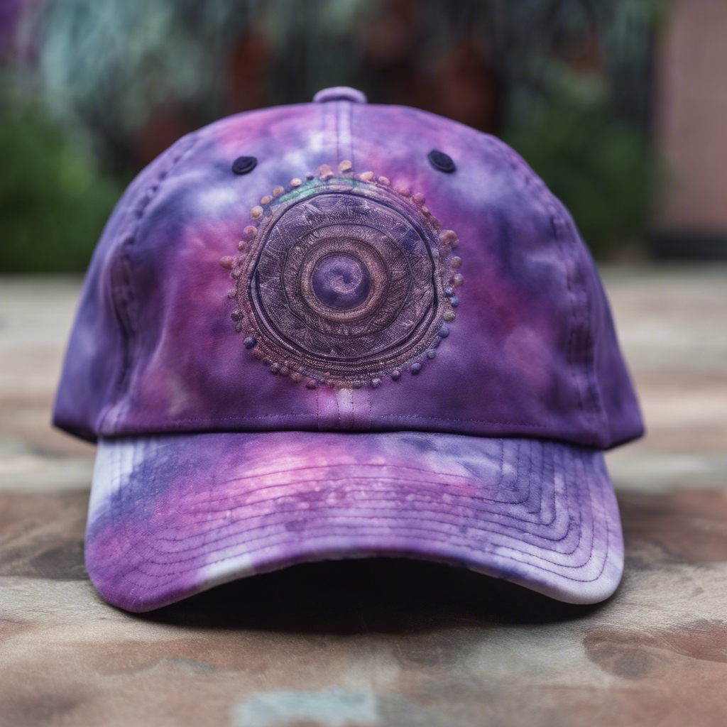 A baseball cap featuring a unique, organic tie-dye pattern in shades of purple. Behang[34ba108ae6bf441489cb]