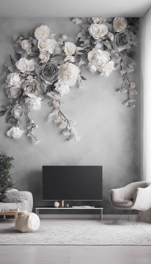Şık bir kontrast sağlayan gri çiçekli duvar sanatına sahip beyaz oda.