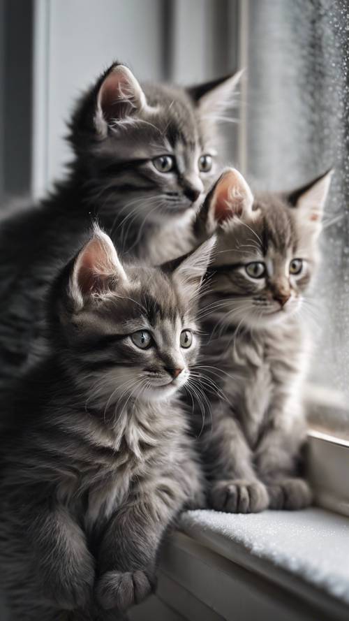 Trio anak kucing Maine Coon berwarna abu-abu berasap, berkumpul untuk mencari kehangatan di ambang jendela yang bersalju.