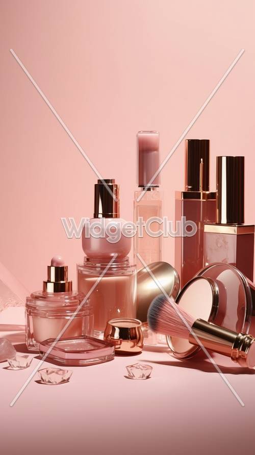 Productos de maquillaje elegantes sobre un fondo rosa