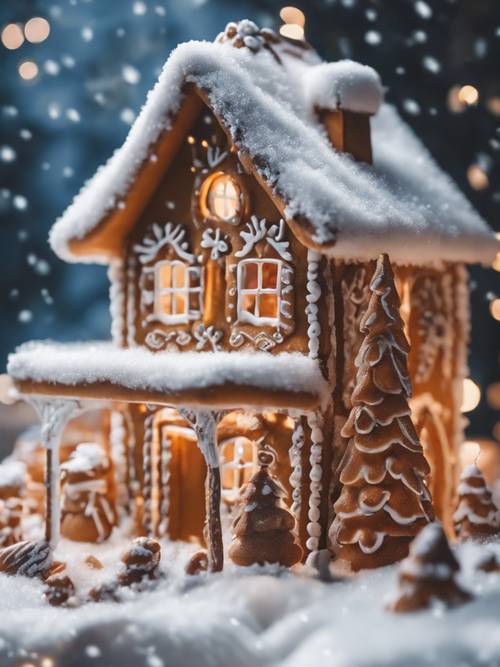 Una encantadora casa de pan de jengibre enclavada en un suave manto de nieve de Nochebuena.
