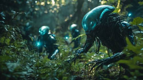 Spaventose creature aliene cacciano nel fitto sottobosco bioluminescente di una giungla futuristica.