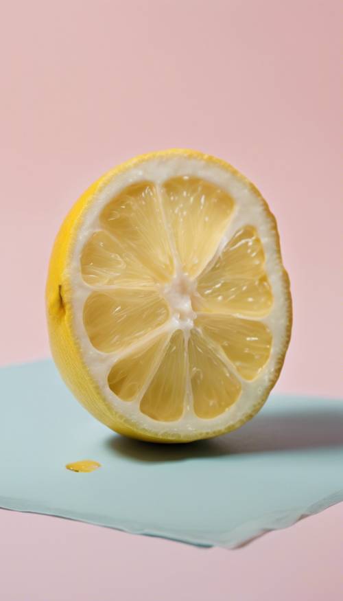 Tampilan jarak dekat dari buah lemon yang dibelah dua memperlihatkan bagian dalamnya yang berair dengan latar belakang warna pastel yang estetis.