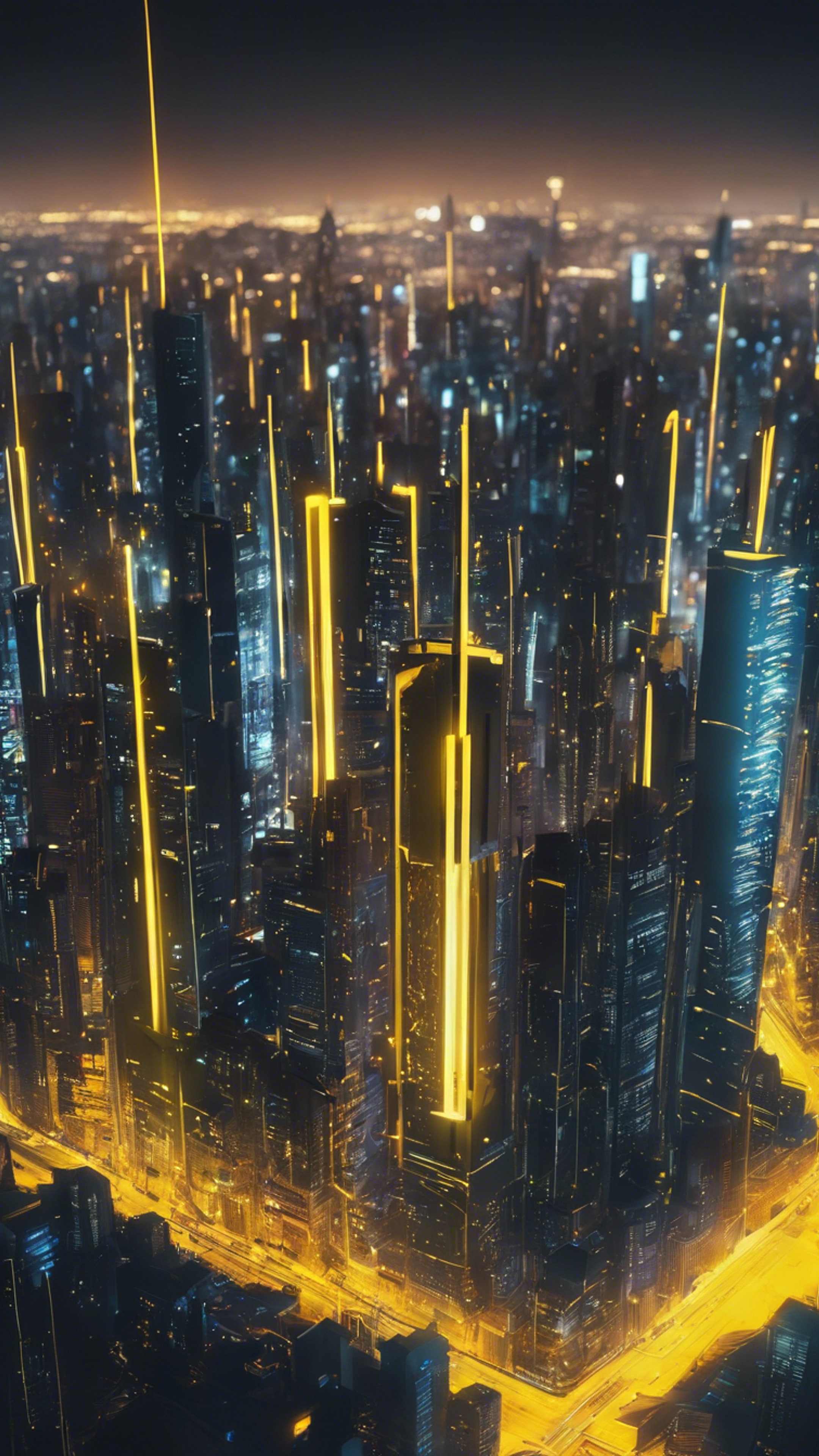 A towering futuristic cityscape highlighted by neon yellow lights under the night sky. Wallpaper[c2e95164cc7d435ab04c]