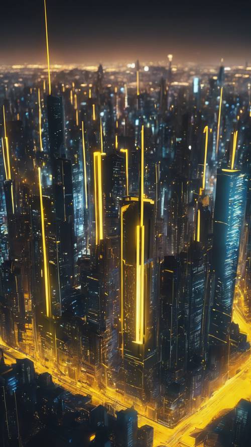 Wysoki, futurystyczny pejzaż miejski podkreślony przez neonowe żółte światła pod nocnym niebem.
