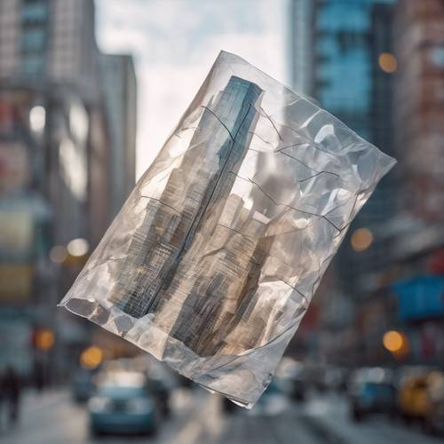 Um único pedaço de papel vegetal transparente amassado justaposto ao cenário de uma cidade movimentada.