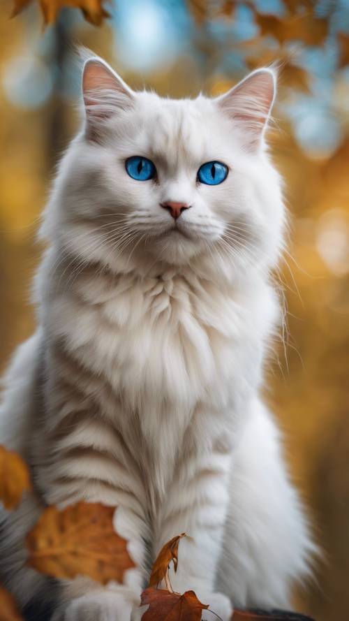 A close-up shot of a white Siberian cat, displaying its stunning blue eyes, set against a background blur of an autumn landscape.