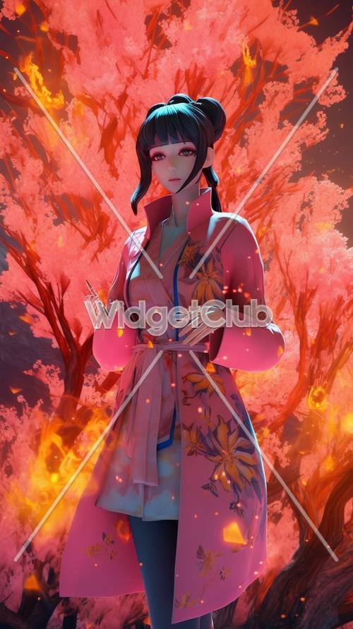 Chica de kimono de otoño en un bosque místico