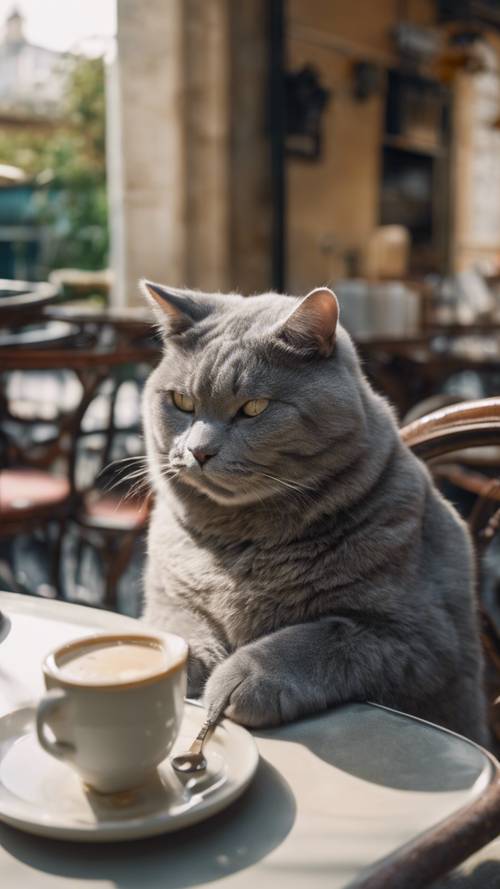 A fat gray cat sitting lazily on a sunny afternoon in a Parisian café while sipping some spilled milk.