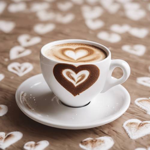 Ein zartes Herzmuster aus dem braunen Schaum eines Cappuccinos in einer weißen Tasse.