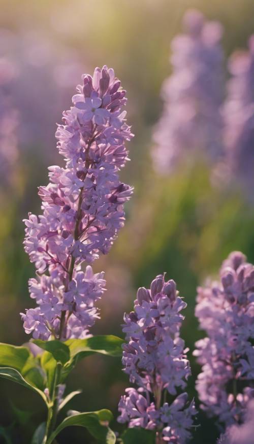 Uma coleção vívida de flores silvestres lilases balançando suavemente com uma brisa fresca em uma planície.