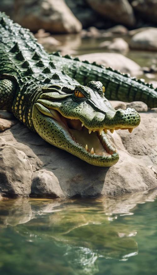 Um crocodilo verde tomando sol nas pedras do rio tropical enquanto pequenos peixes nadam ao seu redor.