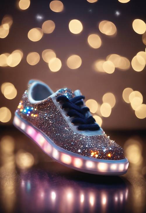 Una zapatilla adornada con cien pequeñas luces parpadeantes, creando una exhibición mágica en una habitación con poca luz.