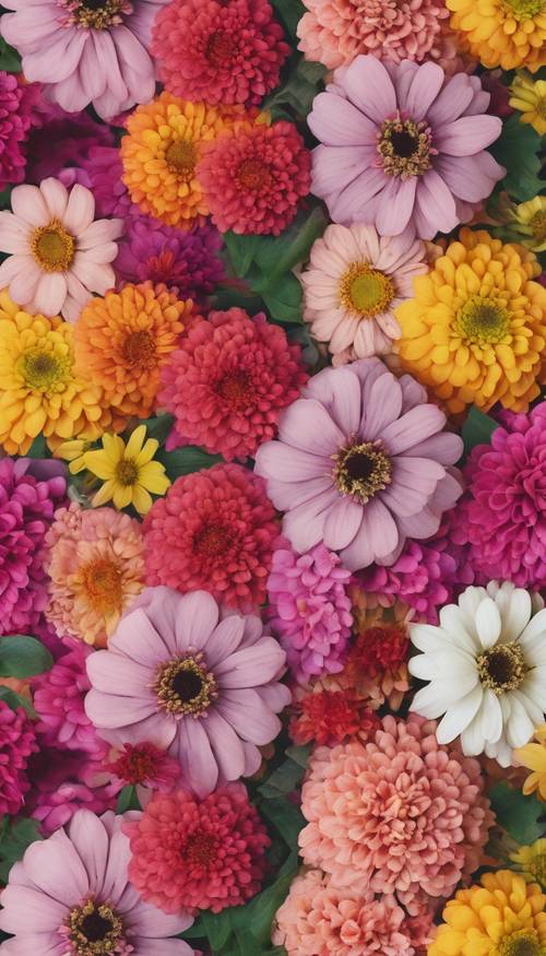 A zinnia-themed wallpaper with a beautiful pattern of mixed flowers.