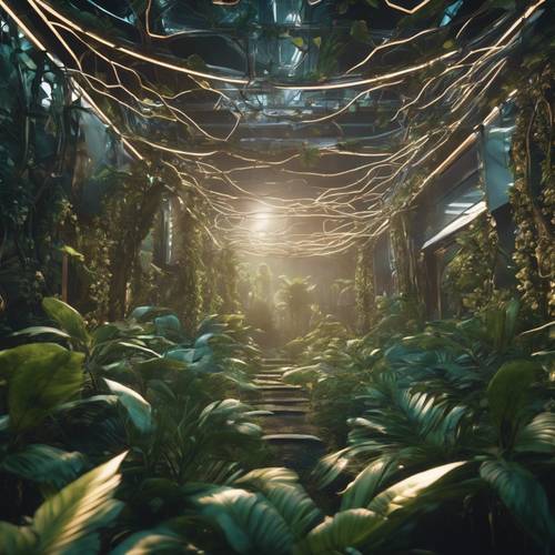 A futuristic jungle, its towering flora made of metallic wires and digital screens instead of leaves and branches.