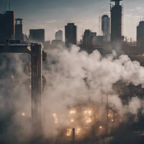 Un paysage urbain qui disparaît lentement derrière un rideau de fumée industrielle.