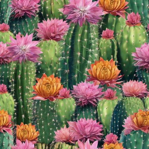 Une fresque murale à grande échelle représentant divers types de cactus en fleurs dans le désert sous un ciel étoilé.