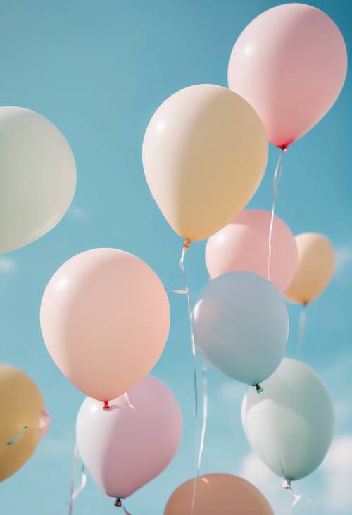 Yumuşak mavi gökyüzünde yüksekte süzülen bir grup pastel renkli çizgili helyum balonu.
