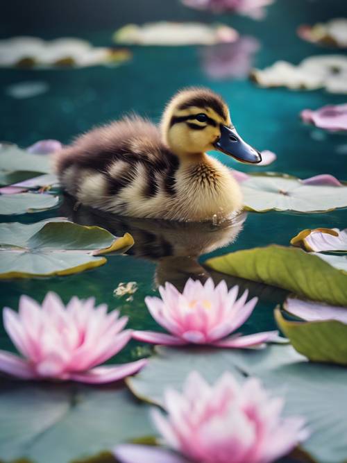 Um patinho bonitinho vadeando nas águas rasas de um lago calmo e azul, cercado por lindas flores de lótus flutuantes.