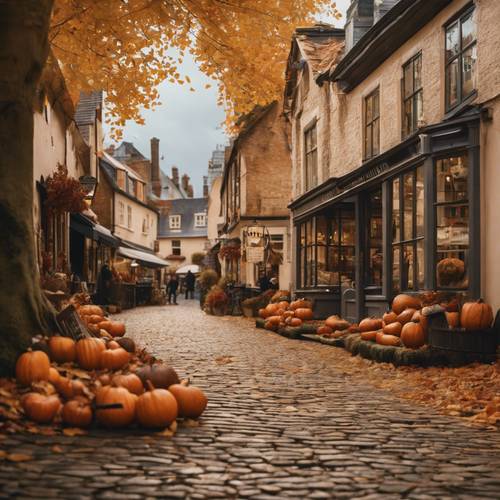 Một con đường làng cổ kính, lát đá cuội phủ đầy lá rụng, mặt tiền các cửa hàng trưng bày các sản phẩm và đồ trang trí theo chủ đề mùa thu.