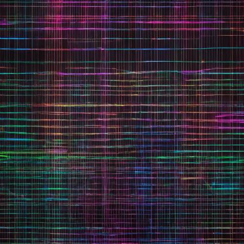 siyah bir arka plan üzerinde çapraz neon renklerden oluşan ince çizgilerle çağdaş bir ekose deseni