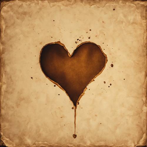 A heart-shaped coffee stain on an age-yellowed paper from a 60s era coffee shop.