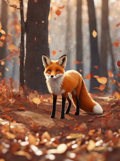 Uma encantadora raposa de desenho animado vagando pela floresta de outono.