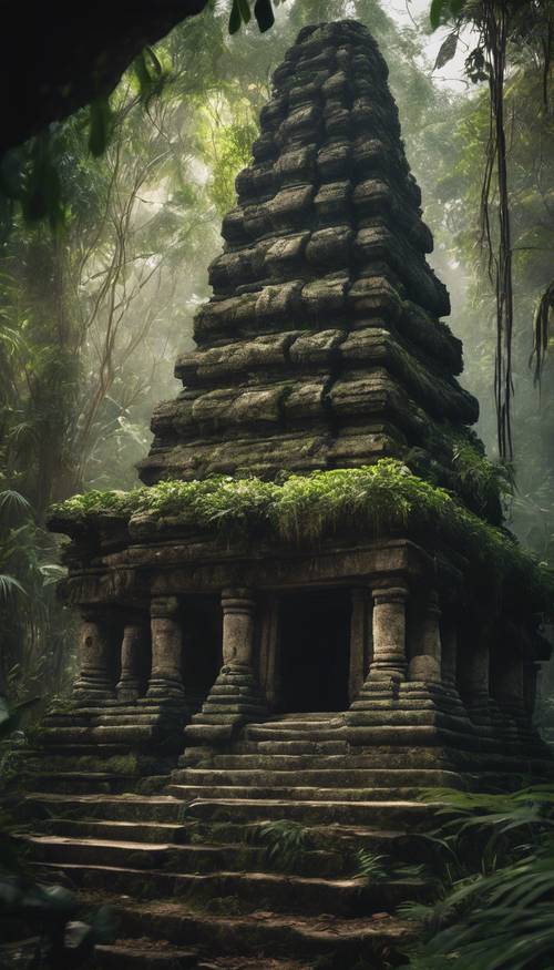 A mysterious stone temple swallowed by the dense, dark jungle.