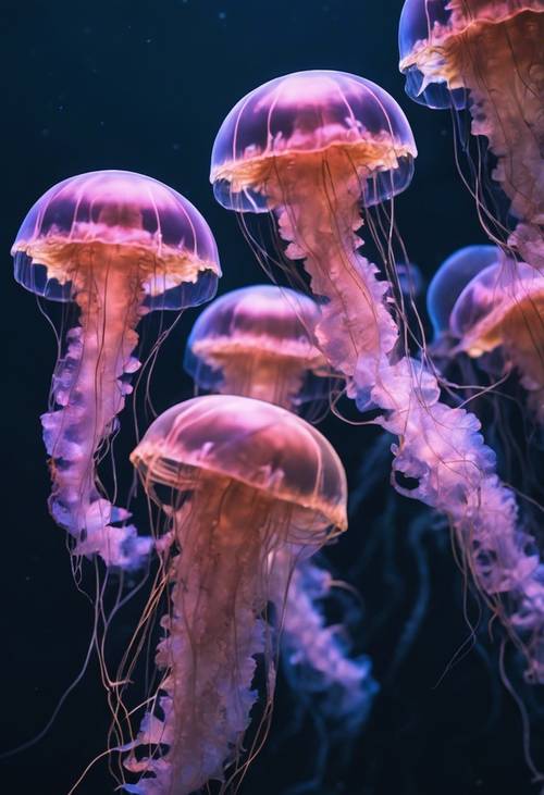 Un grupo de medusas bioluminiscentes flotando suavemente en las sombras de las profundidades del mar.