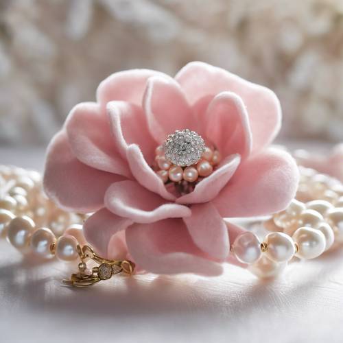 Một chiếc vòng hoa nhung màu hồng tươi gắn trên một chiếc vòng tay ngọc trai.