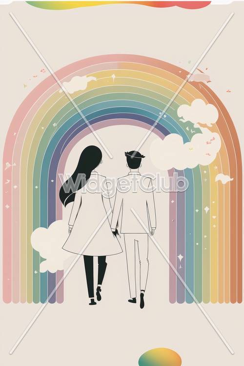 Arc-en-ciel coloré et promenade en couple romantique