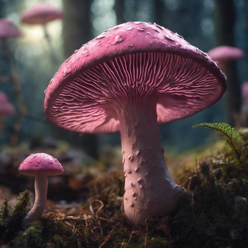 Um cogumelo rosa iluminado pela lua em uma floresta mística e fantasiosa.