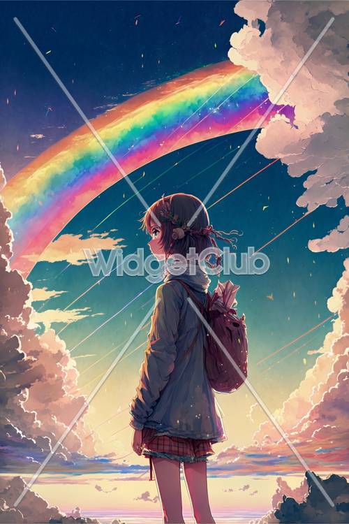 彩虹和女孩動漫插圖