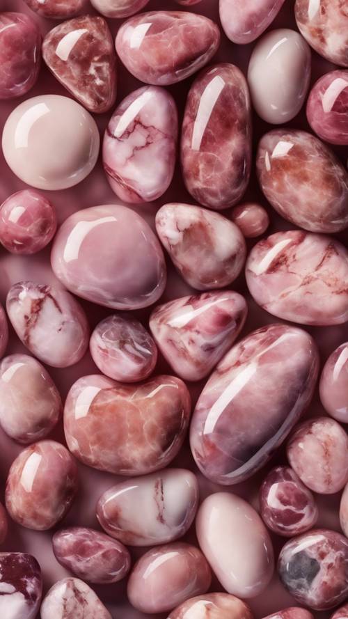 Uma coleção de pedras preciosas de mármore rosa polido.