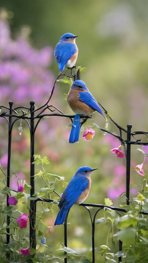 Several bluebirds perched on a fence lined with morning glories.