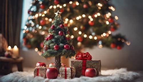 Un arbre magique portant des cadeaux et décoré de pommes enchantées dans un conte traditionnel de la veille de Noël.