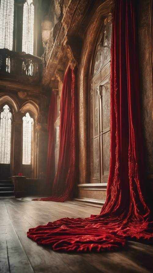 Granelli di polvere color oro fluttuano nell&#39;aria nella grande sala di un castello gotico, colpendo fasce di tende di velluto rosso.