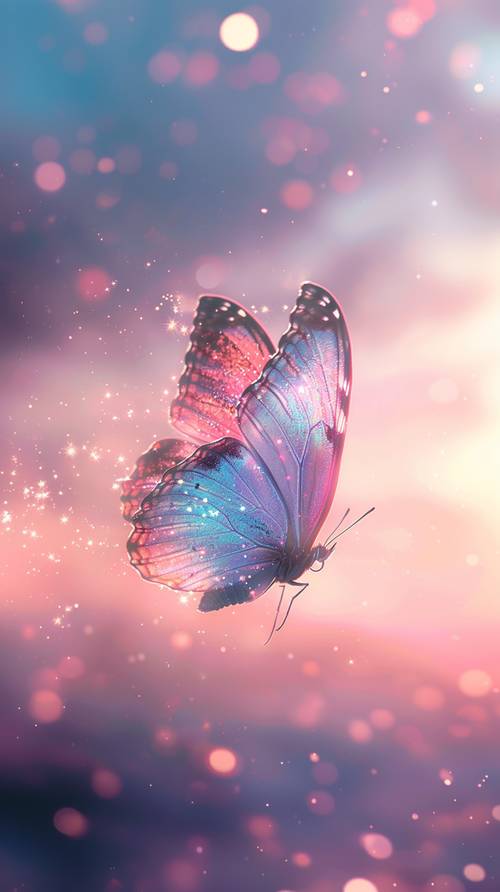 الفراشة السحرية البراقة في السماء الوردية الحالمة