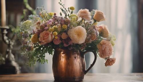 A bouquet of Victorian era flowers arranged in an antique copper jug.