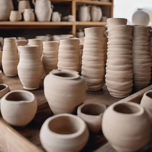 Peças de cerâmica bege artesanais alinhadas em uma prateleira de madeira rústica em um estúdio de cerâmica.